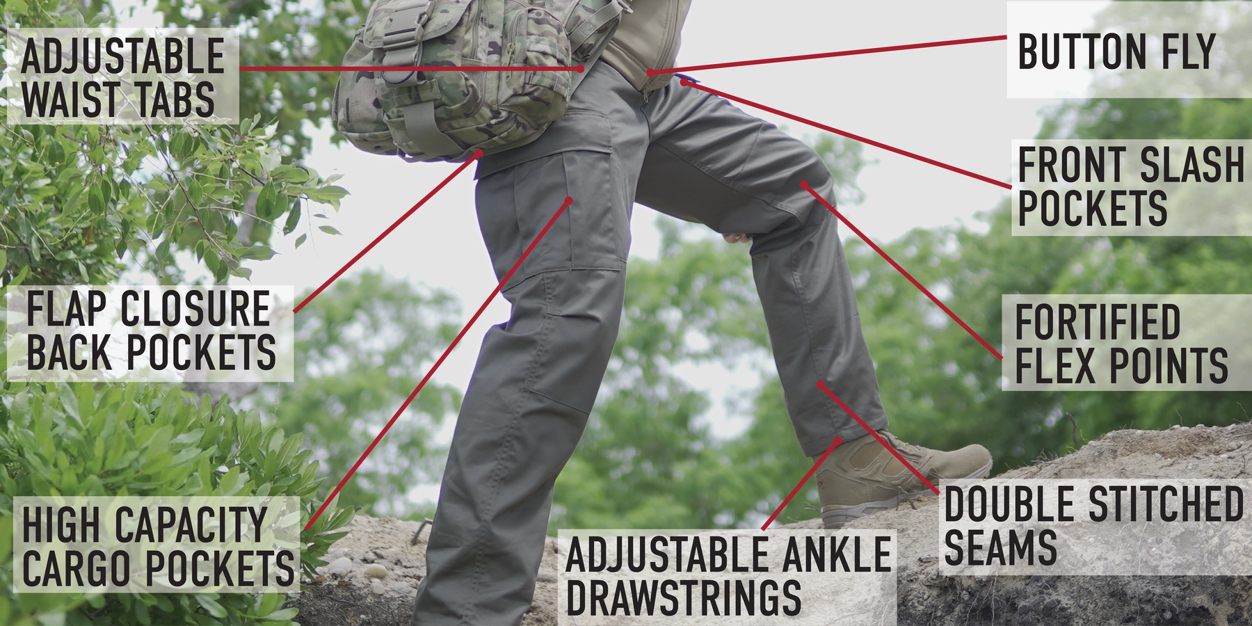 Banner image showing off the new cargo pants features such as adjustble waist tab, high capacity cargo pockets, and double stitched seams.